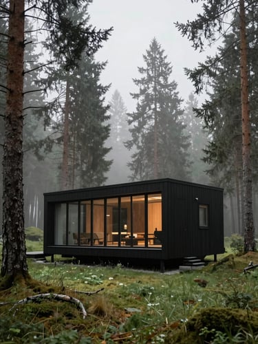 Wide shot of a modern black timber cabin with glass facade nestled in a misty pine forest of Góry Sowie, soft diffused daylight, architectural photography