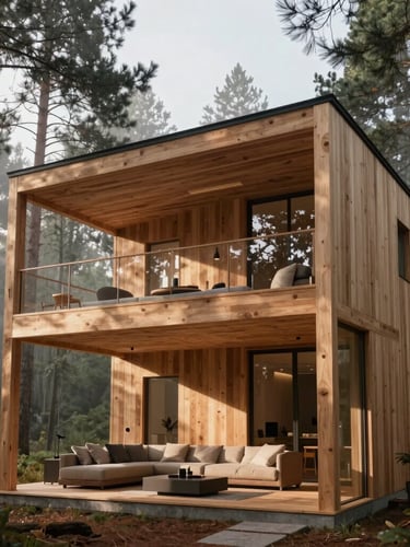 Interior of a modern wooden cabin showing a high-ceiling living room with a minimalist wooden mezzanine loft, sunlight filtering through pine trees outside, architectural rendering, warm larch wood