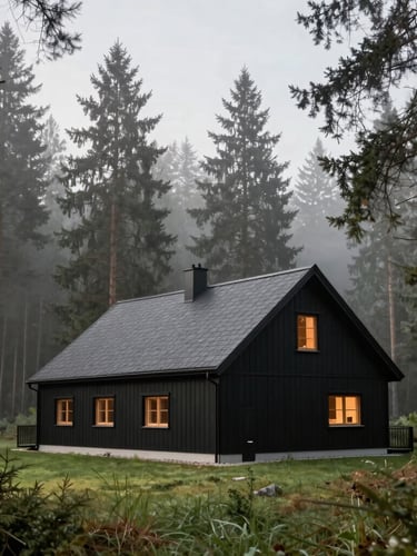 Wide environmental shot of a modern black timber barn house nestled deeply among tall misty pine trees in Góry Sowie, soft overcast morning light, 35mm lens