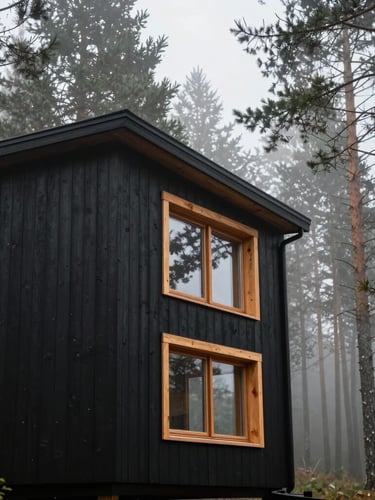 A vertical portrait of a modern black timber cabin facade integrated into a misty pine forest in Gory Sowie, warm larch wood details around the windows, soft morning light.