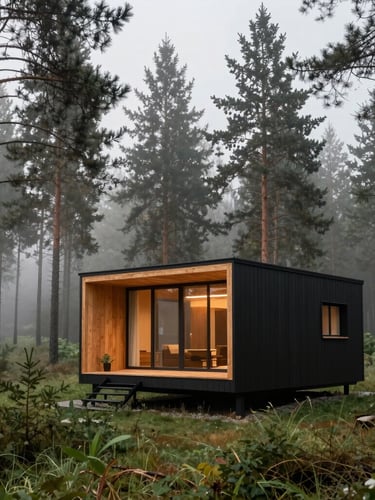 Wide architectural photography of a modern black timber cabin integrated into a dense misty pine forest in Gory Sowie, soft overcast morning light, warm larch wood accents on facade