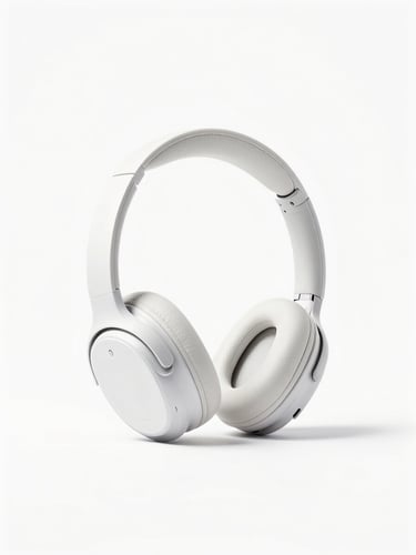 Sleek wireless headphones on a clean white background, high-key studio lighting, soft shadows, modern tech aesthetic