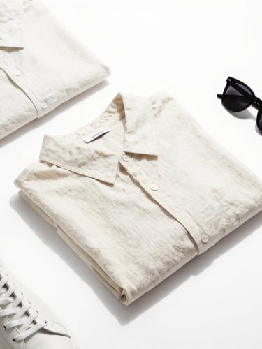 Flat-lay photography of minimalist apparel, folded linen shirts, leather sneakers, and designer sunglasses on a crisp white background, bright high-key studio lighting, soft shadows, 50mm lens