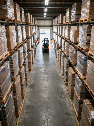 Elevated view looking down a warehouse aisle — heavy pallets of freight stacked uniformly under practical overhead fluorescence, a forklift mid-travel in the far aisle, concrete floor stretching to loading dock doors open to daylight at the far end