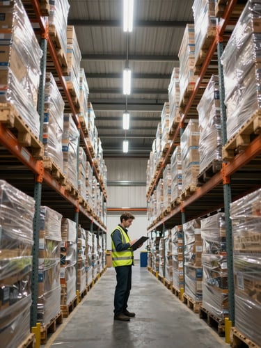 Elevated side-angle view inside a large warehouse, a worker in a high-visibility vest reviewing a clipboard at the end of a tall inventory rack aisle, fluorescent overhead lighting running the full depth of the facility, pallets stacked floor to ceiling on both sides, taken from waist height showing the operational depth of the space