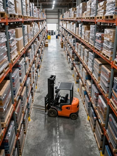 Elevated vantage point looking down a wide active warehouse aisle, rows of tall inventory racks receding into the distance, a forklift in motion mid-aisle under flat industrial fluorescent light, concrete floor with painted lane markings visible below