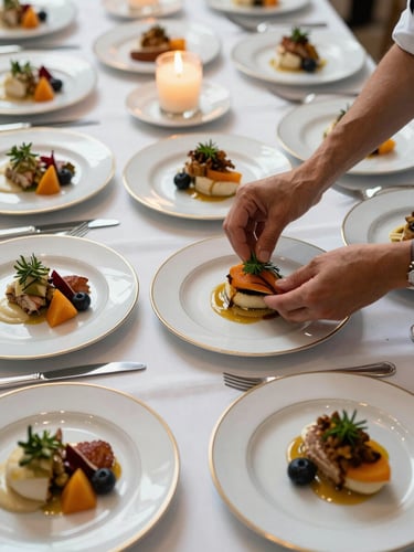 Overhead close-up of an elegant plated catering spread on a white-linen banquet table, multiple courses arranged precisely, warm tungsten candlelight catching gold-rimmed china, hands of a server placing the final garnish