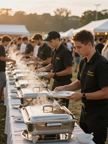 Wide festival service line in full motion, left-framed panoramic shot — catering staff in black uniforms moving platters across a long outdoor buffet table, warm tungsten light, crowd energy visible in the blurred background, golden hour glow on steam rising from chafing dishes
