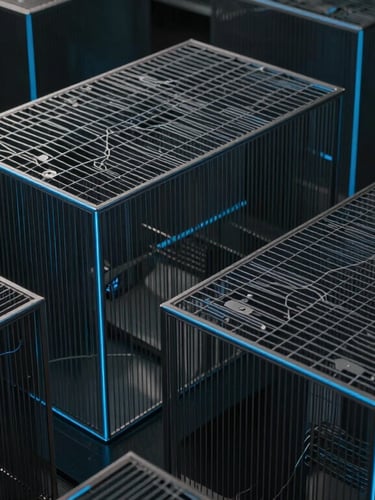 Abstract geometric wireframe of secure architectural structures, low-key lighting with deep shadows, sharp electric-blue accent lines