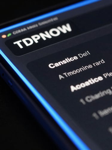 High-contrast screenshot of a dark-mode web application interface with sharp electric blue borders and clean typography, angled perspective