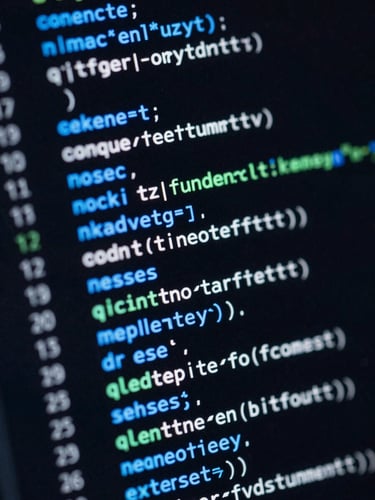Extreme close-up of high-contrast structured code on a dark screen, glowing electric-blue syntax highlighting, sharp angled perspective, shallow depth of field