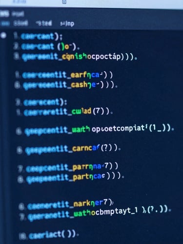 Macro shot of a clean, structured code interface illuminated by low-key, high-contrast electric blue studio lighting, deep shadows.