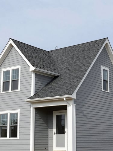 Sharp construction photography of a beautifully completed residential home in the Westcott neighborhood of Syracuse, showcasing clean gray siding, a flawless dark shingle roof, and bright white trim under a clear sky.