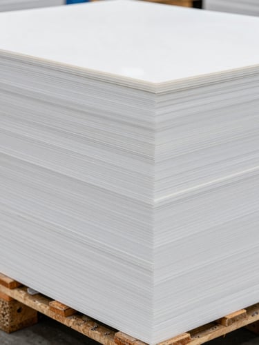 Close-up of neatly stacked, heavy-duty opaque PP sheets on wooden pallets inside a clean, well-organized warehouse, bright industrial lighting, sharp detail on sheet edges.