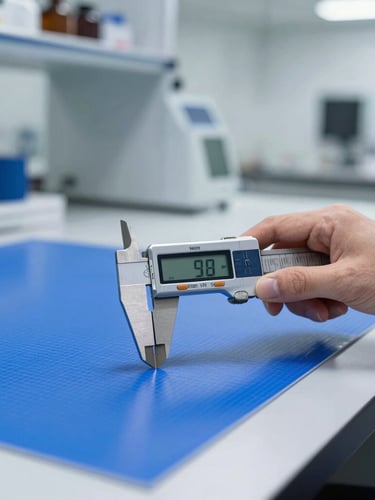 Industrial laboratory setting with a technician operating a digital polymer thickness testing caliper on a structured blue PP sheet, bright clean warehouse lighting, macro focus
