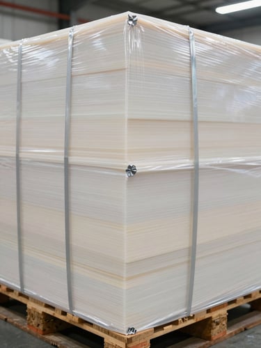 Close-up of a neatly strapped pallet of opaque PP sheets, wrapped in thick protective moisture-barrier film, steel edge protectors visible, bright industrial warehouse lighting.