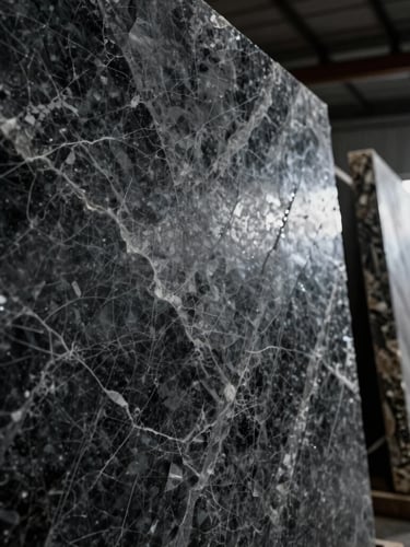 Close-up macro shot of quartz slab veining, dramatic side-lighting highlighting texture, dark moody tones, high-contrast, sharp focus, 35mm architectural lens, slabs standing in a well-lit warehouse gallery, hinting at the manufacturing process.