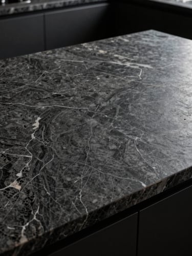 Close-up of a luxury kitchen countertop, dramatic side-lighting highlighting the continuous vein pattern of quartz, dark moody tones, sharp focus on stone textures, 35mm architectural lens.