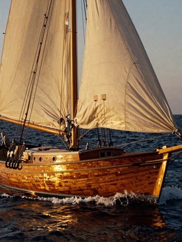 A portrait editorial shot of a classic wooden sailboat cutting through deep navy waters at golden hour, warm light reflecting on salt-crusted brass, 35mm film grain