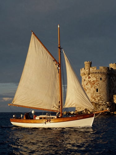 Moody golden hour shot of a classic wooden sailboat cutting through deep blue water near a weathered stone castle, 35mm film grain