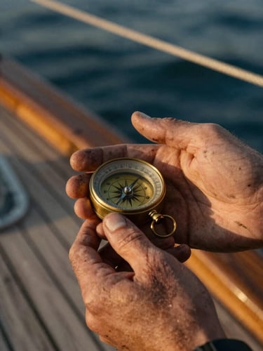 Tactile close-up of weathered hands holding a vintage brass navigational compass on a wooden sailboat deck, soft golden-hour light, rich textures
