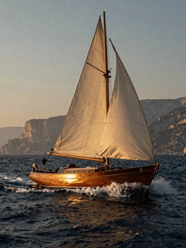 A classic wooden sailboat cutting through deep navy Adriatic water at golden hour, dramatic spray rising from the bow, misty limestone cliffs in the far distance.