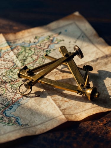 A close-up of a vintage brass sextant resting on a weathered parchment map, dramatic golden hour light casting long shadows across dark wood.
