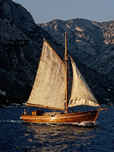 A vintage wooden sailboat cutting through deep navy Adriatic waters at golden hour, weathered sails, dramatic coastal cliffs of Montenegro in the soft background, 35mm film grain.