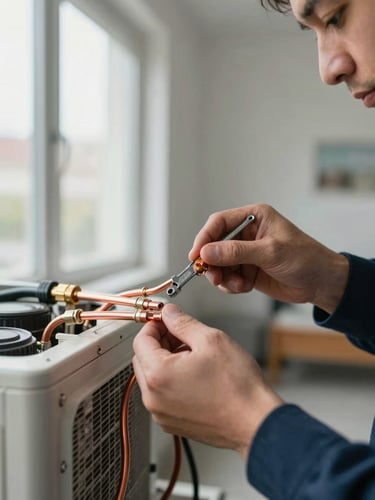 Close-up of a technician's hands connecting copper refrigerant lines on an open AC unit, natural window light from the left, copper fittings and spanner in sharp focus, blurred apartment interior in background