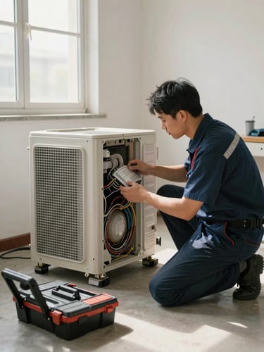 Wide shot of a technician kneeling beside an open split AC indoor unit in a residential room, natural window light illuminating the internal coil and wiring, a toolkit laid out on the floor nearby, documentary style