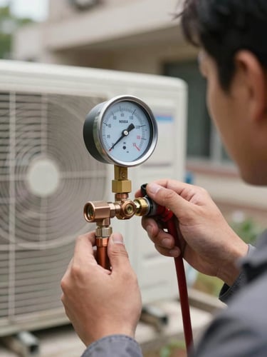 Technician reading a refrigerant pressure gauge attached to an outdoor AC unit during installation in Noida, meter dial in sharp focus, building exterior and natural daylight behind, copper service valves visible