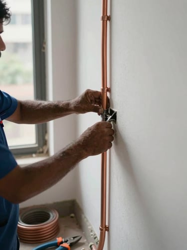 Technician routing insulated copper pipe along a white interior wall in a Noida flat, securing conduit casing with clips, natural daylight from a nearby window, pipe coil and cutters visible on the floor below