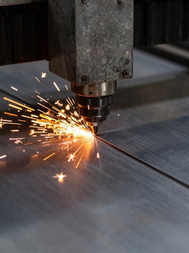 Macro detail shot of a fiber laser cutter slicing a sheet of stainless steel, brilliant orange sparks flying, clean zero-distortion cut edge visible, dark steel grey background, high-contrast.