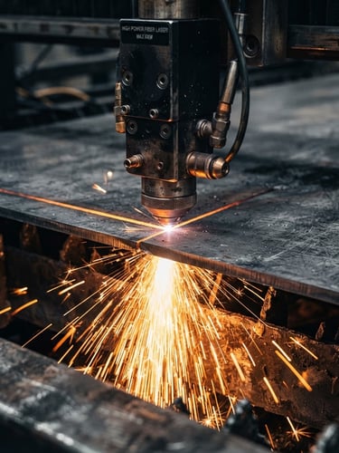 Macro close-up of a high-power fiber laser cutting head slicing through stainless steel, brilliant orange sparks spraying outward, cool steel background, sharp focus, 50mm lens