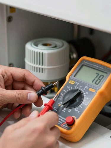 Tight macro shot of a technician's hand using a digital multimeter to test a refrigerator thermostat, clean indoor lighting, focus on tools