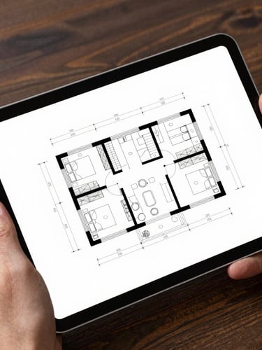 A close-up of a modern tablet screen displaying architectural floor plans, held by hands over a dark wooden table, crisp high-contrast lighting.