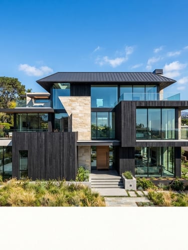 High-contrast architectural photography of a modern residential building exterior under bright natural daylight, wide-angle lens, sharp lines