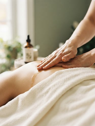 Close-up of a therapist's hands gently applying botanical oil to smooth skin, soft morning window light, pristine white towel, sage green accents, shallow depth of field, 35mm.