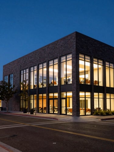 Wide environmental shot of a clean modern downtown Tucson streetscape at twilight, warm interior office glow, 35mm