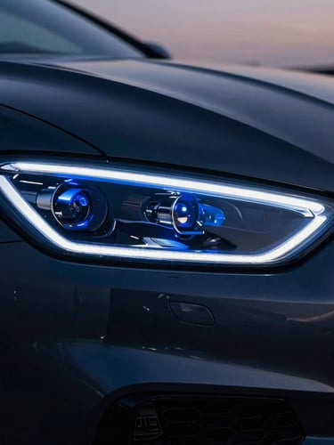 Close-up macro shot of a modern luxury sports car headlight reflecting twilight electric blue streetlights, dark graphite paint, sharp focus, 35mm