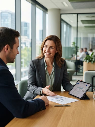Professional financial consultant in a bright modern office, natural daylight, soft green and gray tones, medium close-up, 35mm lens