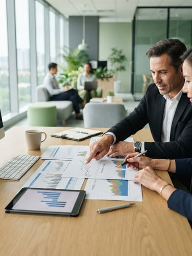 A clean corporate photography of a professional financial consultation in a modern bright office, hands reviewing clear financial charts on a desk, natural daylight, soft green and gray tones, 35mm lens