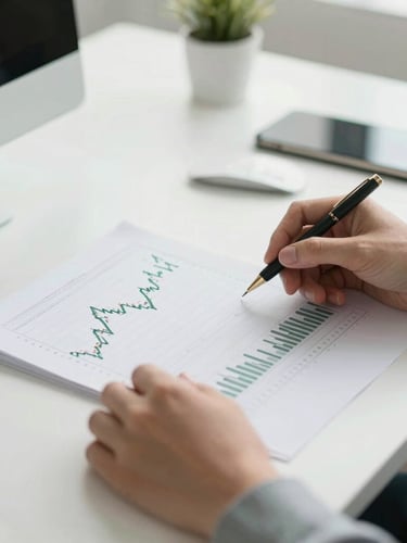 Close-up of hands reviewing financial charts on a clean desk, bright natural daylight, modern office setup