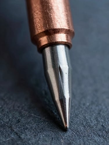 Extreme macro shot of a pristine copper-core soldering tip point, metallic silver plating, sharp reflections, cool industrial studio lighting, dark slate background
