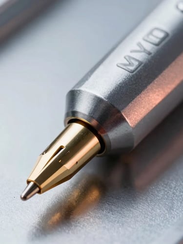 Extreme macro shot of a sleek MYTO soldering cartridge tip, showing gold-plated contacts and sharp metallic reflections under cool industrial studio lighting with subtle copper highlights.