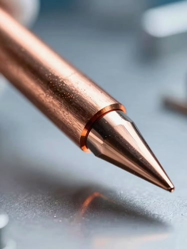 Extreme macro shot of a pristine copper-core soldering tip, sharp metallic reflections, high-contrast industrial cleanroom lighting, copper-orange accents, 3:4 portrait aspect.
