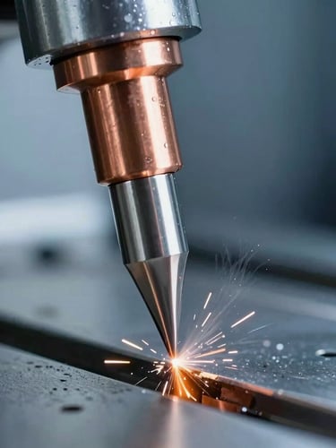 Extreme macro shot of a copper soldering tip point being turned on a high-precision CNC lathe, metallic silver oil mist, sharp orange sparks, cool industrial studio lighting