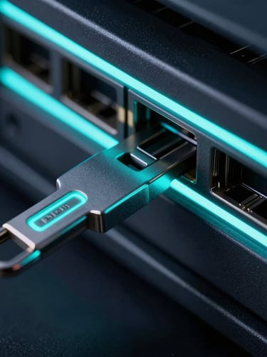 Macro close-up of a glowing hardware security key plugged into a dark metallic server rack, sharp neon cyan highlights, high-contrast low-key lighting, deep shadows