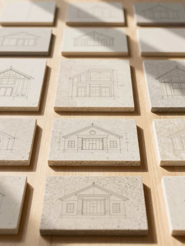Architectural elevations and stone samples arranged on a light wood table, warm natural daylight, clean structured grid composition