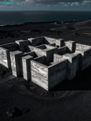 Extreme wide-angle drone shot of a brutalist concrete fortress on a dark volcanic coast, low-key high-contrast dramatic lighting, heavy shadows, cold metallic reflections, subtle cyan ambient glow in the horizon